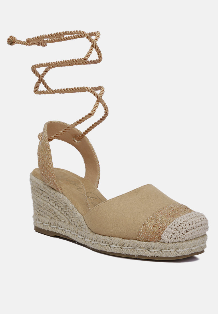 Aiden Lace-Up Crochet Espadrilles featuring micro suede and crochet materials, closed square toe, and stylish lace-up straps.