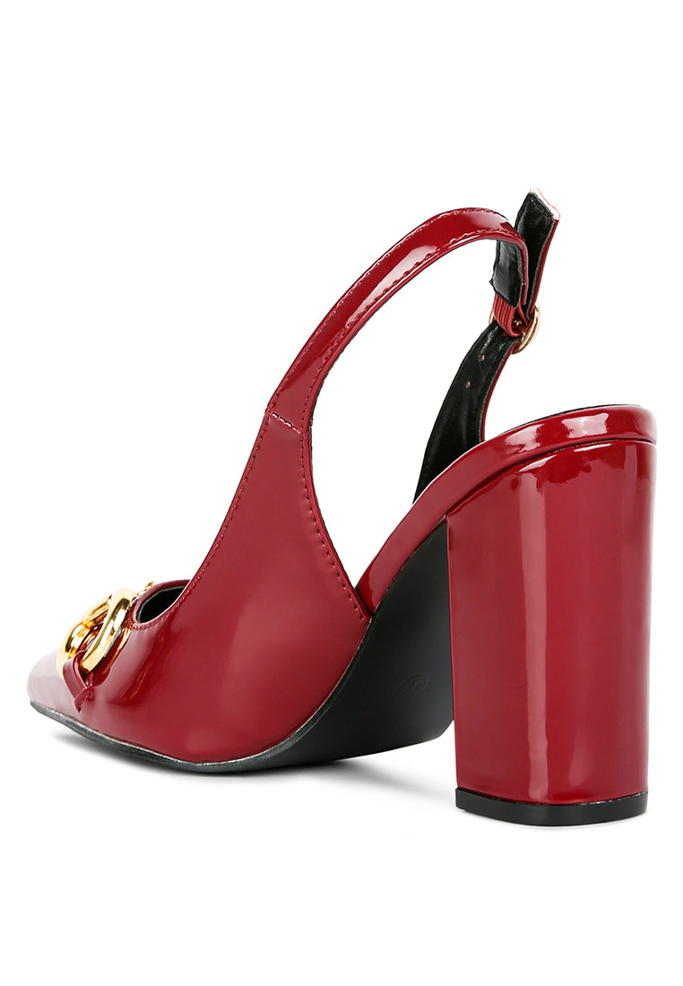 Chic All Nighter Slingback Sandals with gold detail and high block heels, featuring a slingback buckle closure.