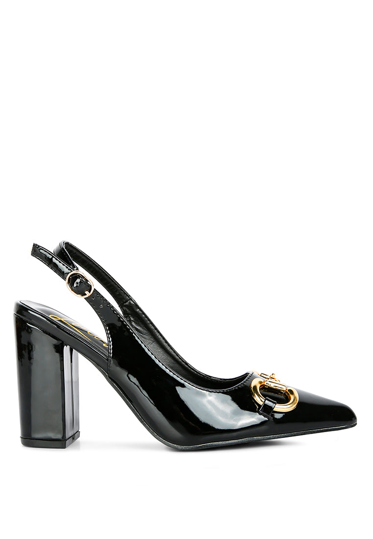 Chic All Nighter Slingback Sandals with gold detail and high block heels, featuring a slingback buckle closure.