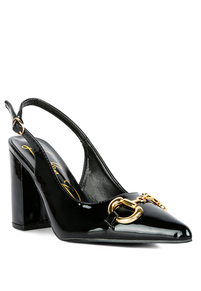 Chic All Nighter Slingback Sandals with gold detail and high block heels, featuring a slingback buckle closure.