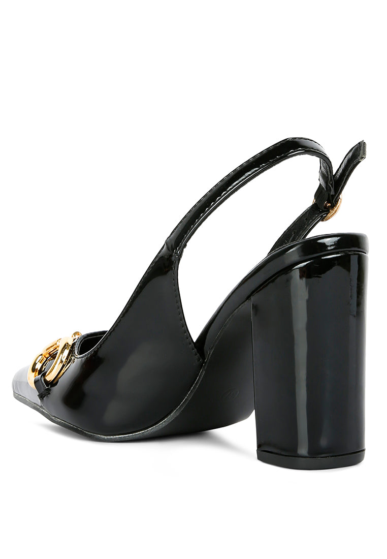 Chic All Nighter Slingback Sandals with gold detail and high block heels, featuring a slingback buckle closure.