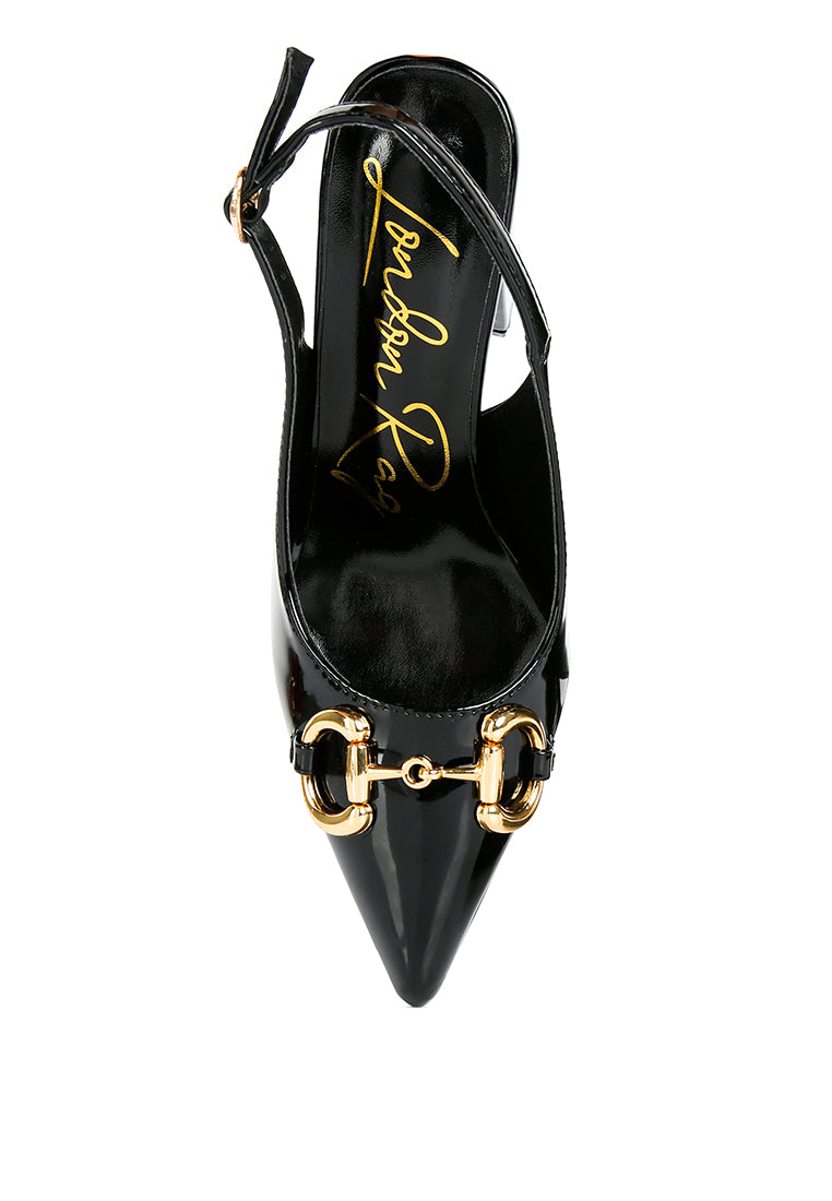 Chic All Nighter Slingback Sandals with gold detail and high block heels, featuring a slingback buckle closure.