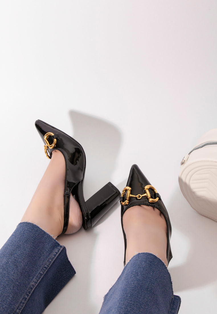 Chic All Nighter Slingback Sandals with gold detail and high block heels, featuring a slingback buckle closure.