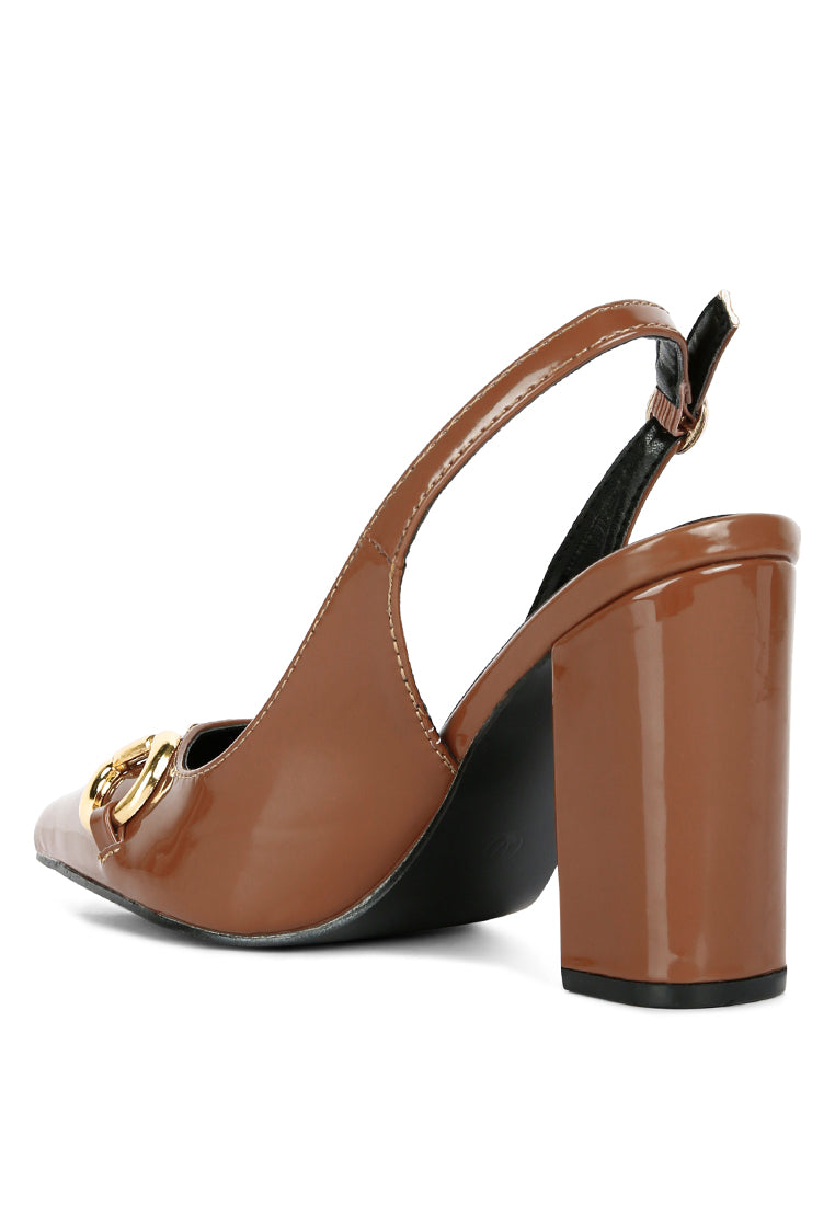 Chic All Nighter Slingback Sandals with gold detail and high block heels, featuring a slingback buckle closure.