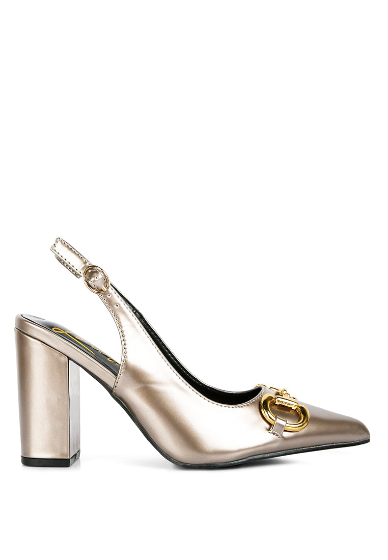 Chic All Nighter Slingback Sandals with gold detail and high block heels, featuring a slingback buckle closure.