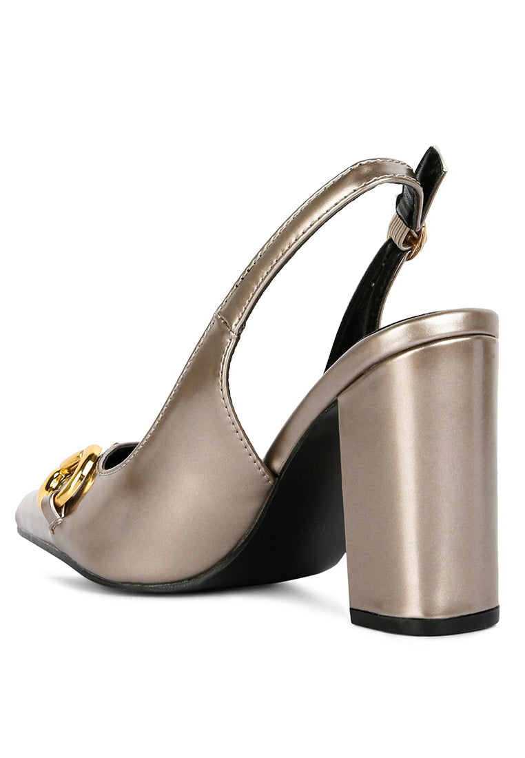 Chic All Nighter Slingback Sandals with gold detail and high block heels, featuring a slingback buckle closure.