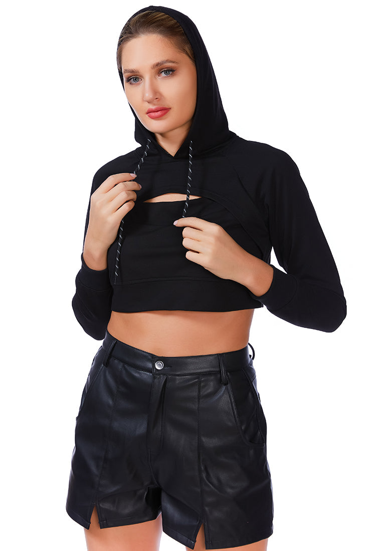 A stylish cropped hoodie with a front slit, made of 100% cotton, featuring full sleeves and a drawstring hood.