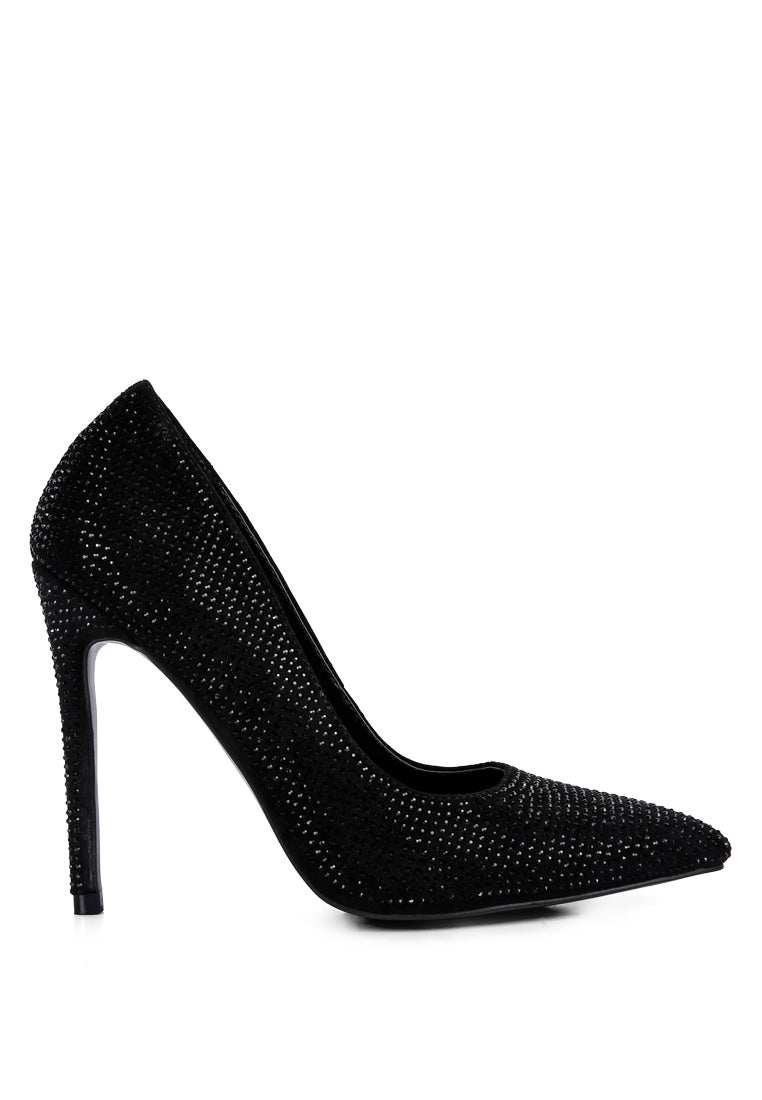 Elegant Alter Ego Heatseal Court Heels adorned with sparkling diamante, featuring a closed pointed toe and cushioned insole.