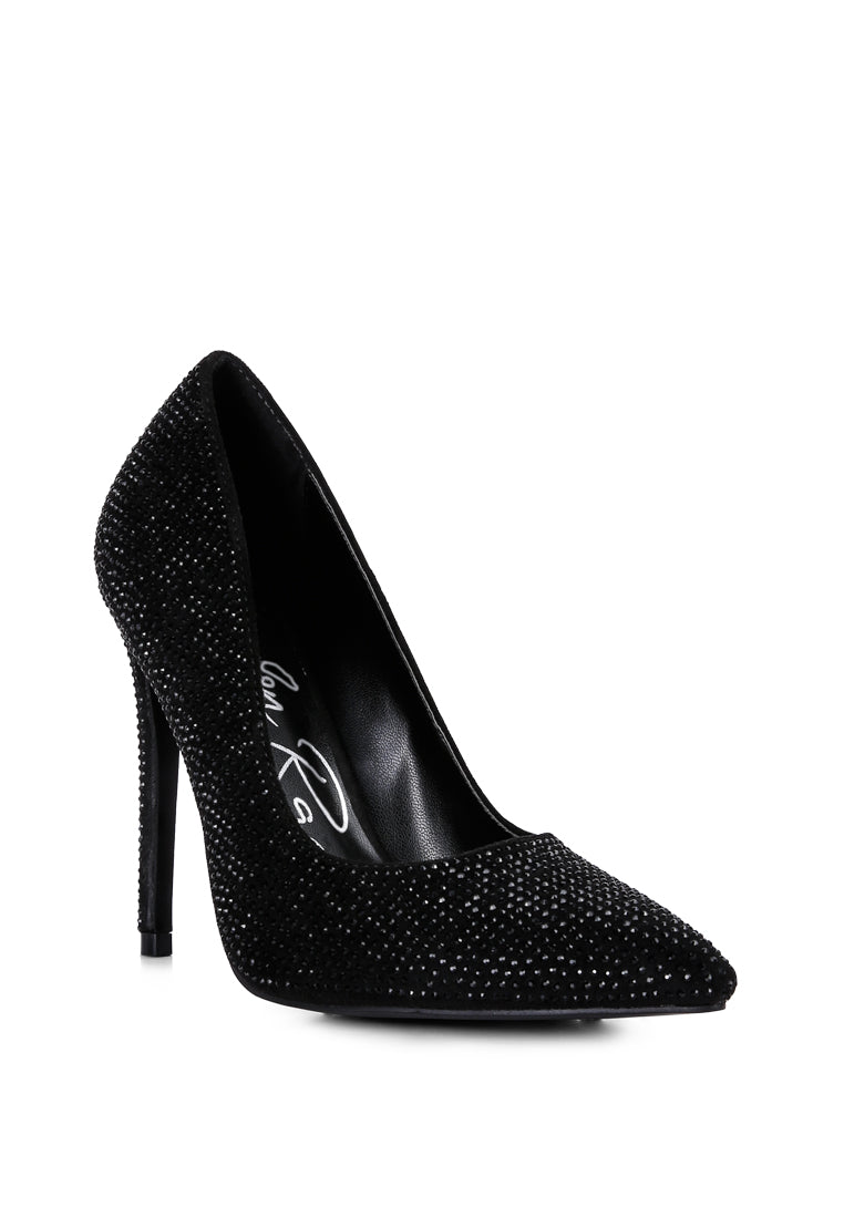 Elegant Alter Ego Heatseal Court Heels adorned with sparkling diamante, featuring a closed pointed toe and cushioned insole.