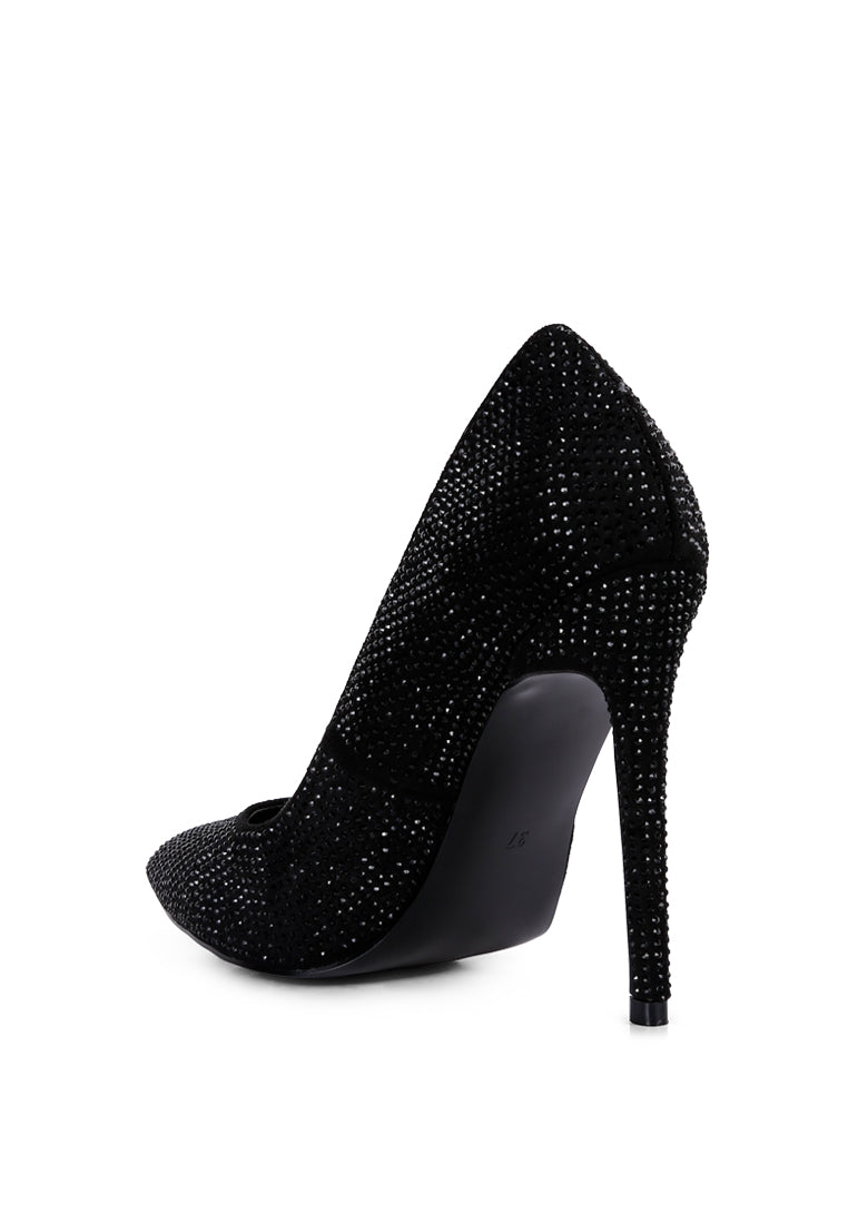 Elegant Alter Ego Heatseal Court Heels adorned with sparkling diamante, featuring a closed pointed toe and cushioned insole.