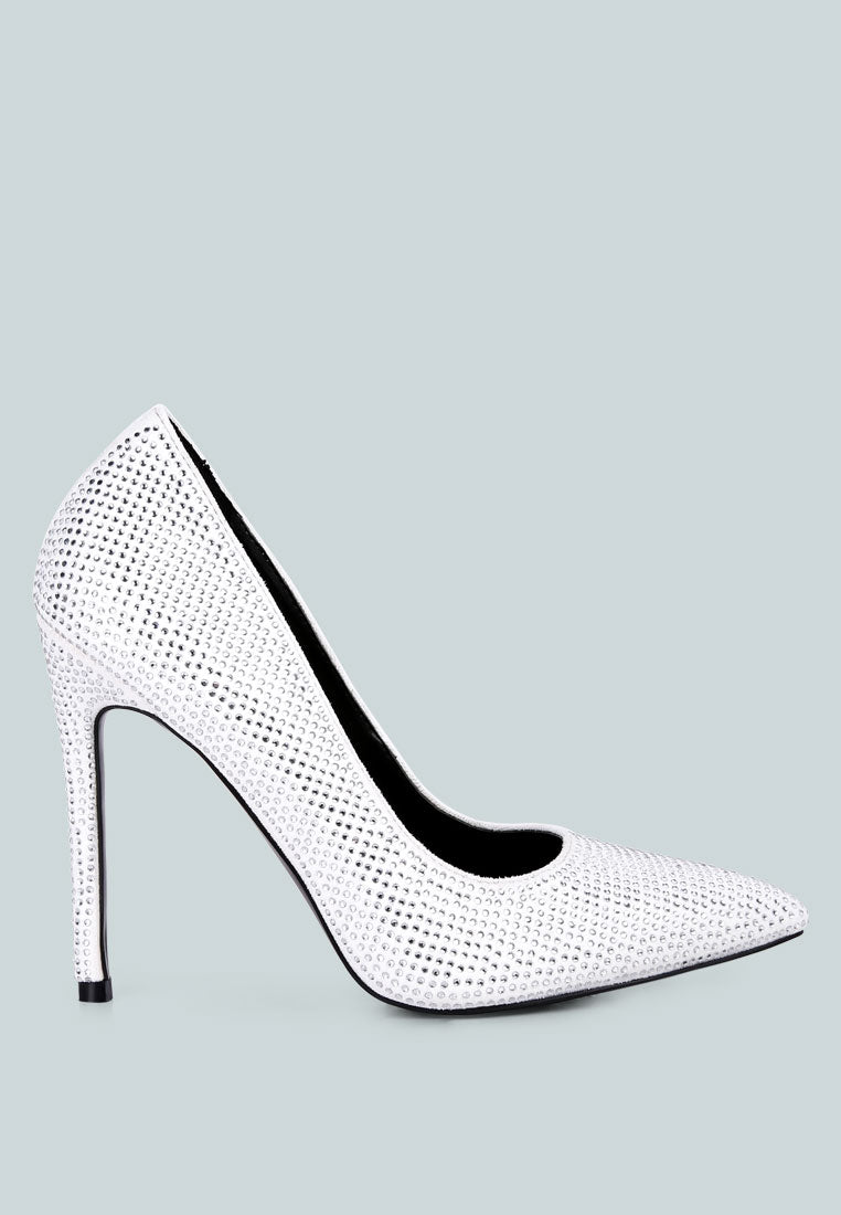 Elegant Alter Ego Heatseal Court Heels adorned with sparkling diamante, featuring a closed pointed toe and cushioned insole.