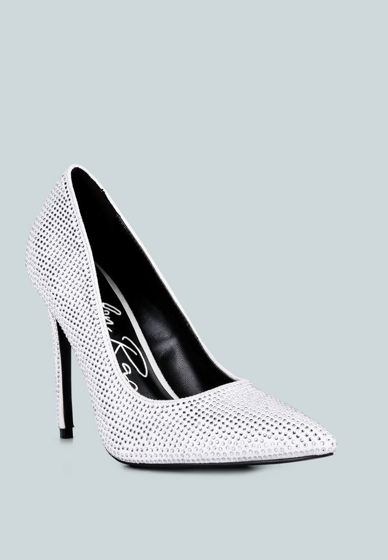 Elegant Alter Ego Heatseal Court Heels adorned with sparkling diamante, featuring a closed pointed toe and cushioned insole.