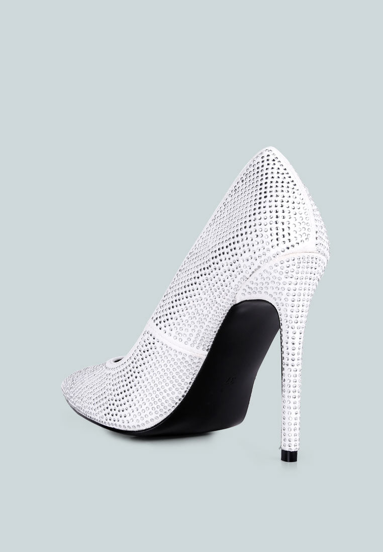 Elegant Alter Ego Heatseal Court Heels adorned with sparkling diamante, featuring a closed pointed toe and cushioned insole.