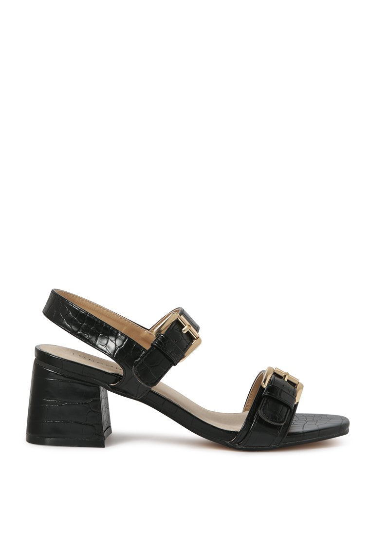 Amara Croc Textured Slingback Sandals featuring a block heel and adjustable buckle in stylish croc print faux leather.