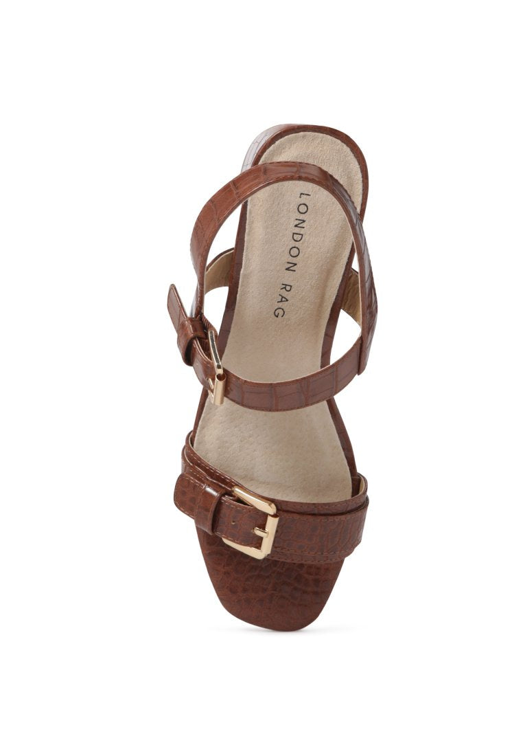 Amara Croc Textured Slingback Sandals featuring a block heel and adjustable buckle in stylish croc print faux leather.