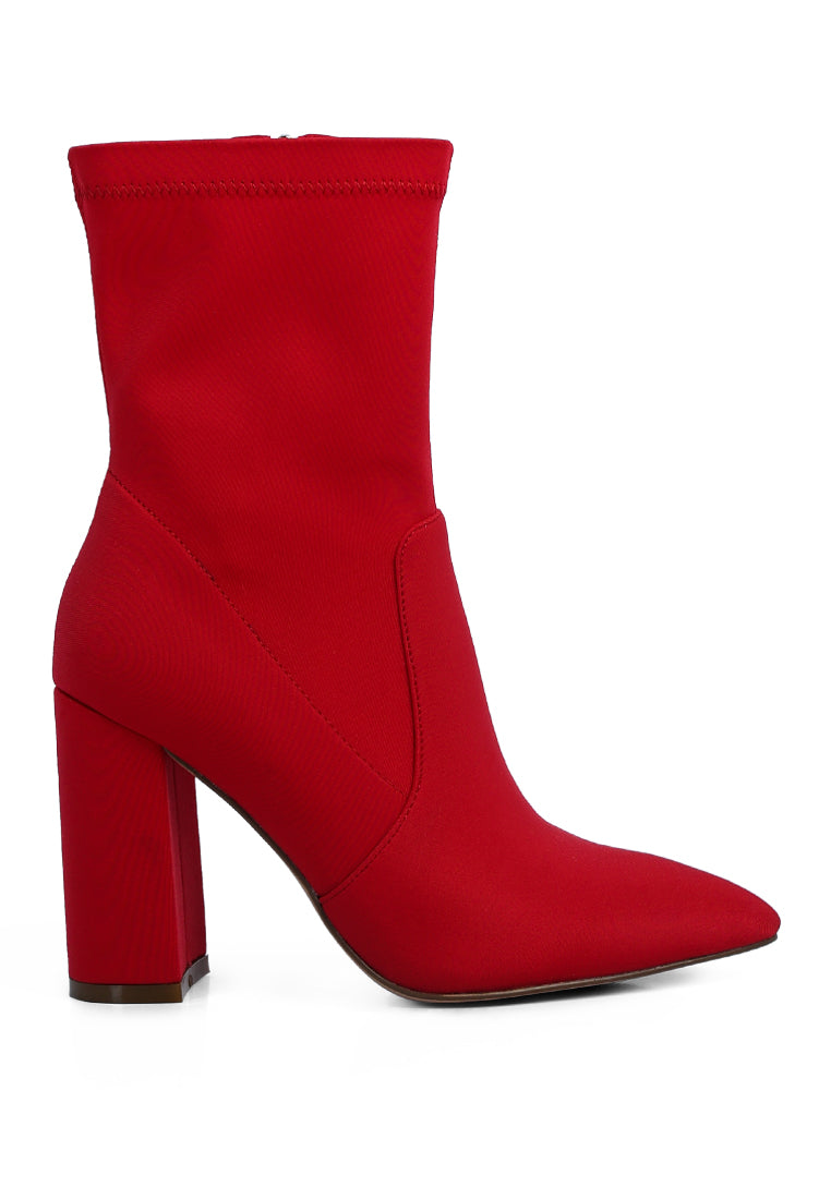 A pair of stylish ankle Lycra block heeled boots with a pointed toe and side zipper, perfect for women's fashion.