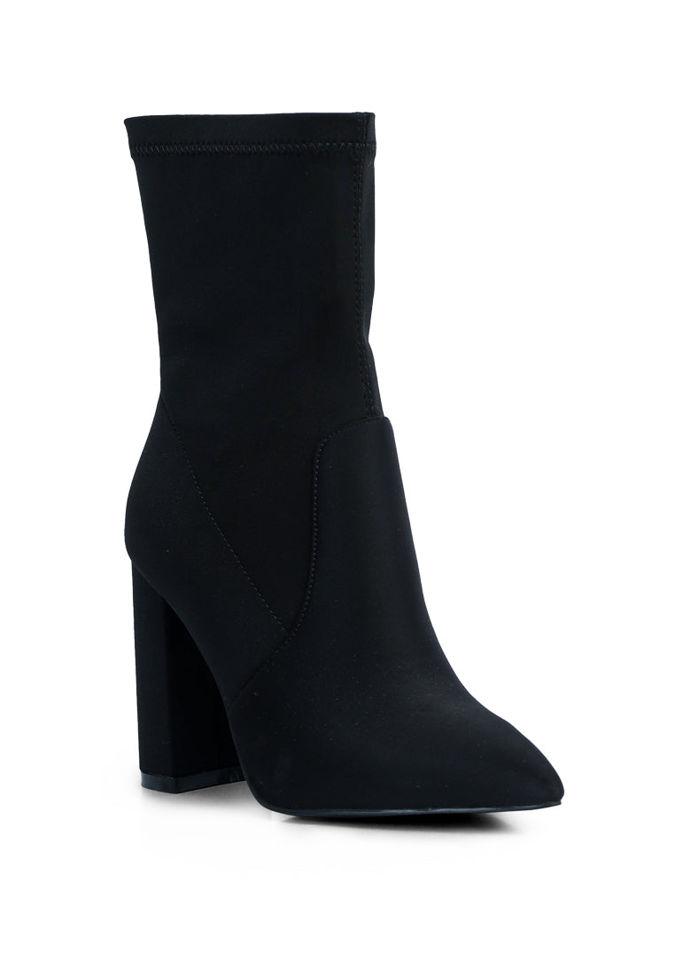 A pair of stylish ankle Lycra block heeled boots with a pointed toe and side zipper, perfect for women's fashion.