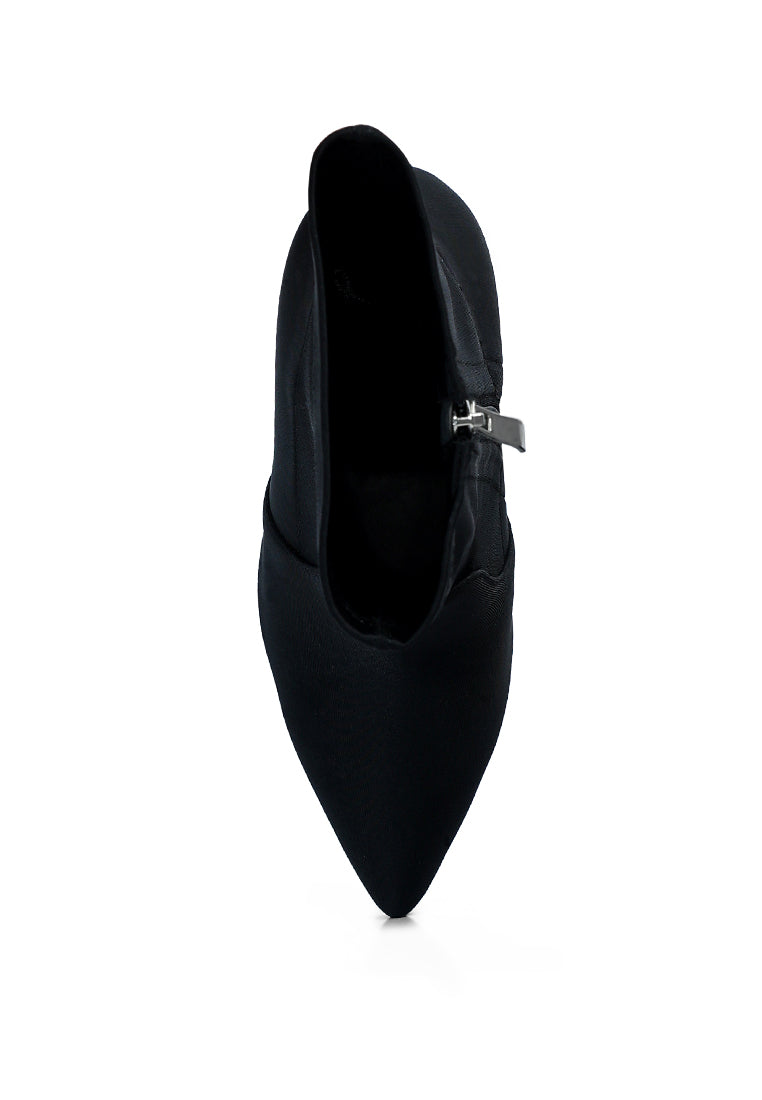 A pair of stylish ankle Lycra block heeled boots with a pointed toe and side zipper, perfect for women's fashion.