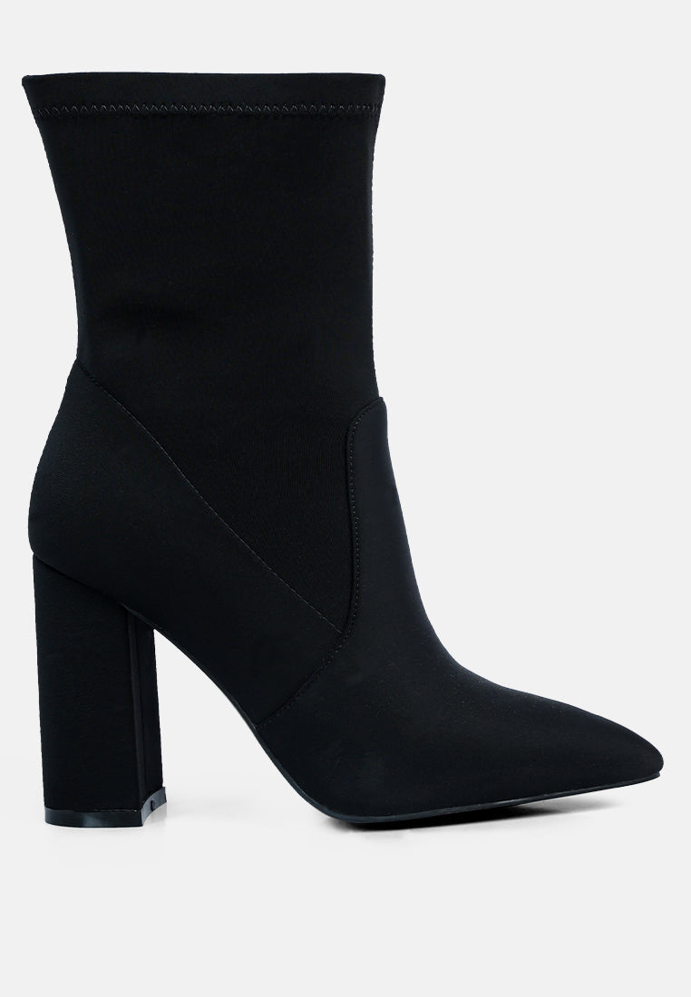 A pair of stylish ankle Lycra block heeled boots with a pointed toe and side zipper, perfect for women's fashion.