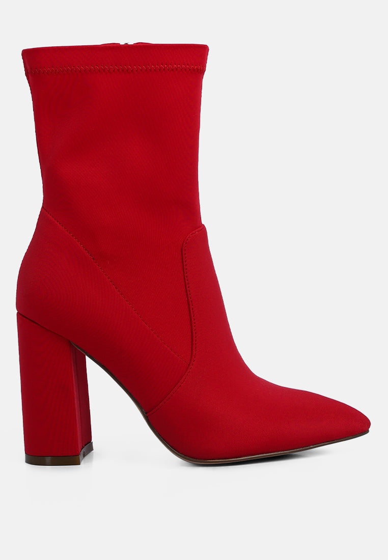 A pair of stylish ankle Lycra block heeled boots with a pointed toe and side zipper, perfect for women's fashion.