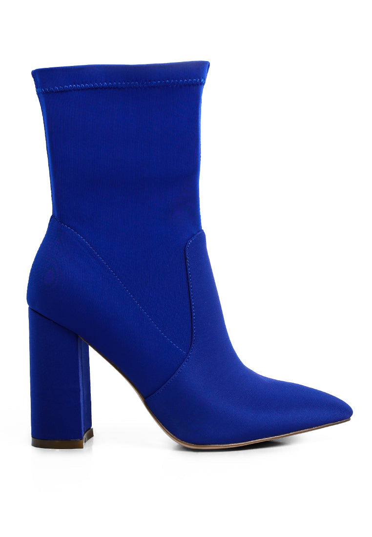 A pair of stylish ankle Lycra block heeled boots with a pointed toe and side zipper, perfect for women's fashion.