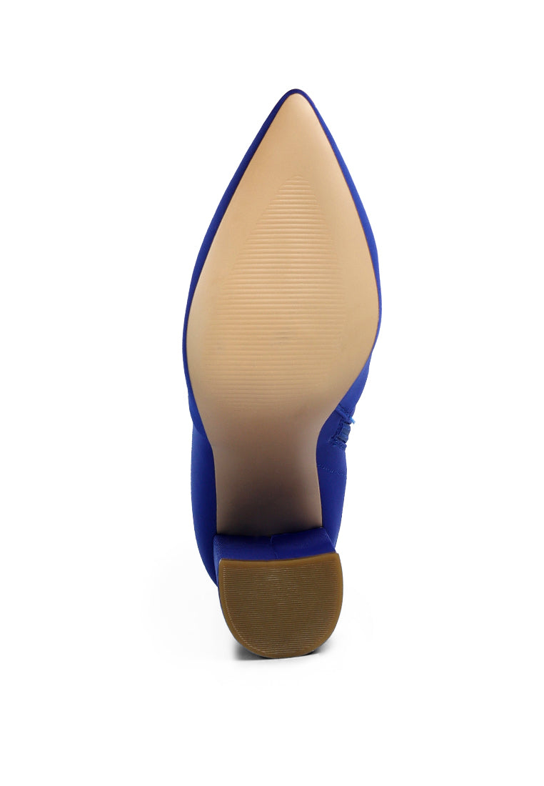 A pair of stylish ankle Lycra block heeled boots with a pointed toe and side zipper, perfect for women's fashion.