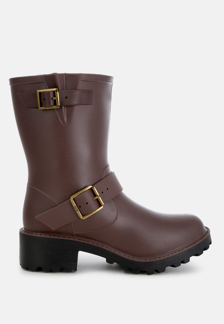 Anong Harness Detail Calf Boots featuring a rugged design with buckle embellishments and soft cushion insoles.