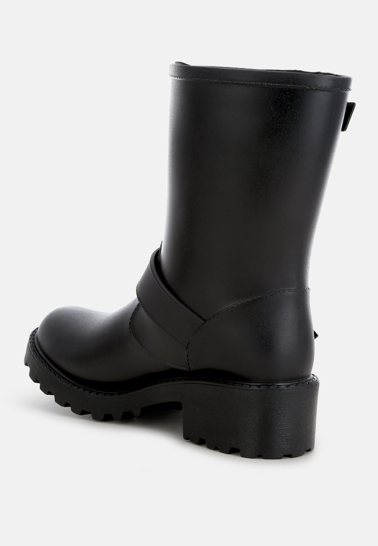 Anong Harness Detail Calf Boots featuring a rugged design with buckle embellishments and soft cushion insoles.