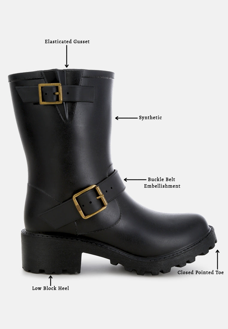 Anong Harness Detail Calf Boots featuring a rugged design with buckle embellishments and soft cushion insoles.