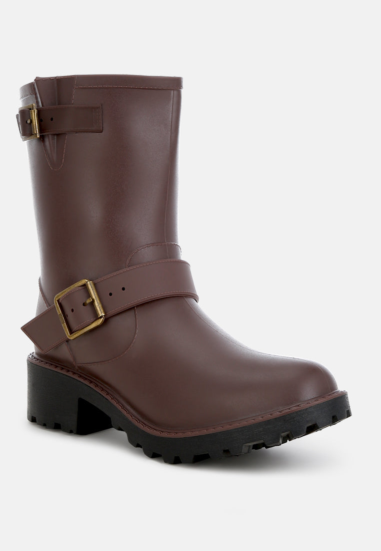 Anong Harness Detail Calf Boots featuring a rugged design with buckle embellishments and soft cushion insoles.