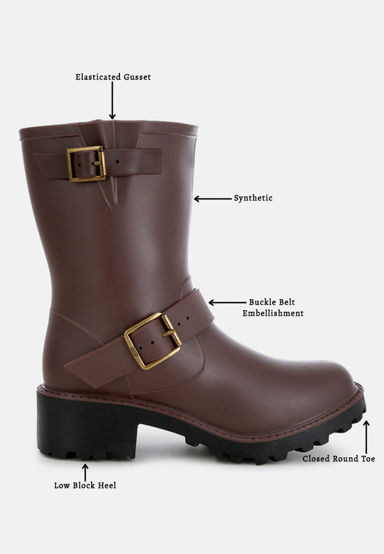 Anong Harness Detail Calf Boots featuring a rugged design with buckle embellishments and soft cushion insoles.