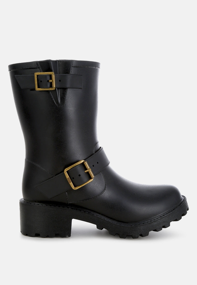 Anong Harness Detail Calf Boots featuring a rugged design with buckle embellishments and soft cushion insoles.