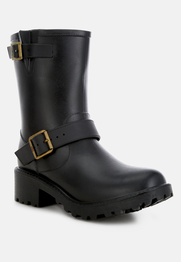 Anong Harness Detail Calf Boots featuring a rugged design with buckle embellishments and soft cushion insoles.