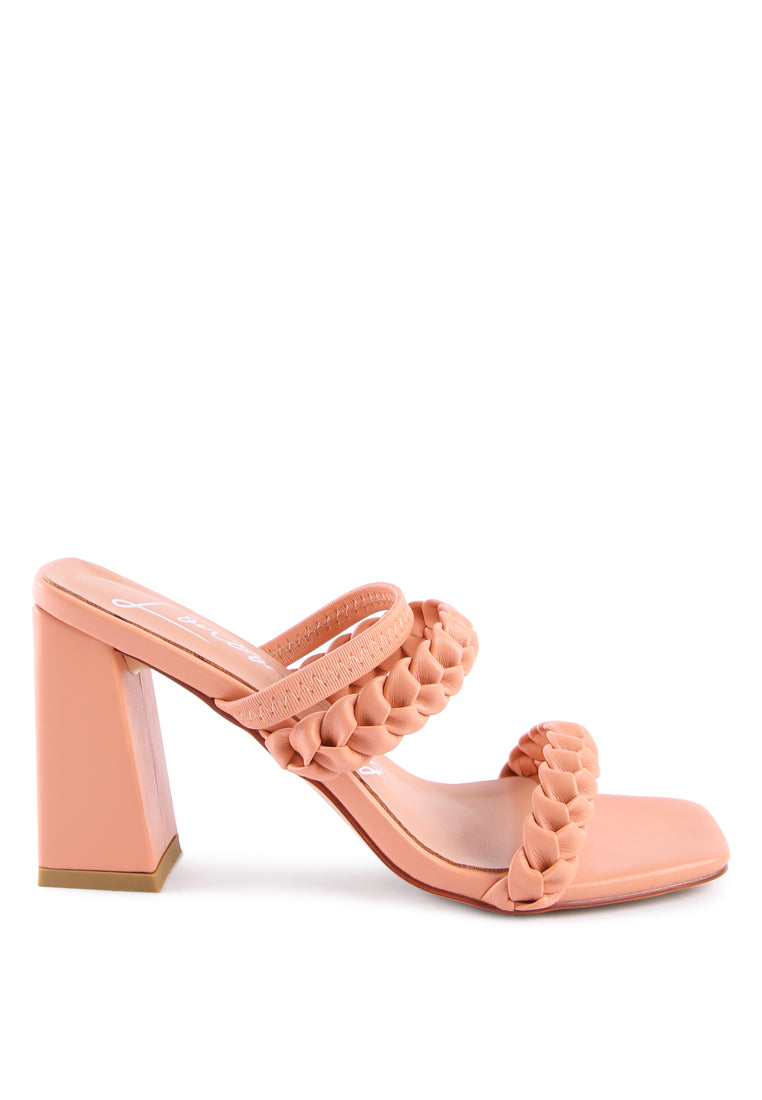 Arnie Braided Straps Block Heeled Sandals showcasing elasticated woven straps and a square-cut toe design.