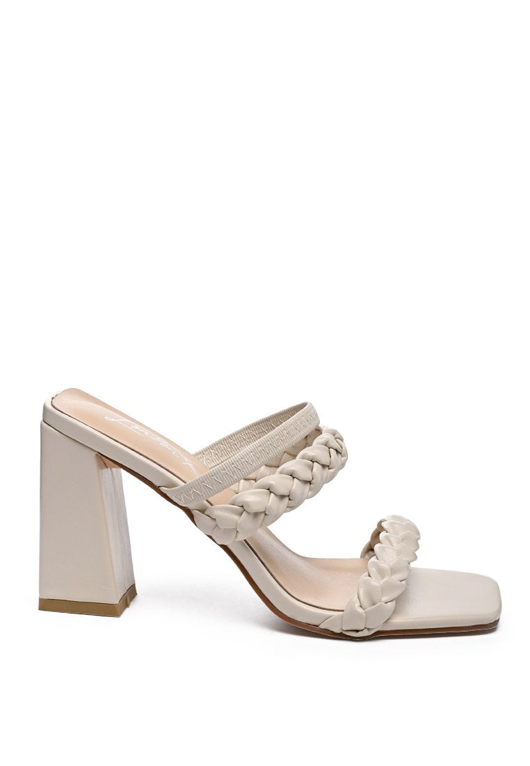 Arnie Braided Straps Block Heeled Sandals showcasing elasticated woven straps and a square-cut toe design.