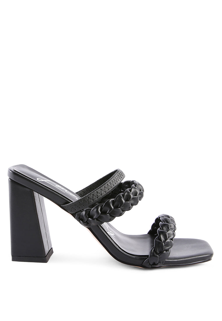 Arnie Braided Straps Block Heeled Sandals showcasing elasticated woven straps and a square-cut toe design.