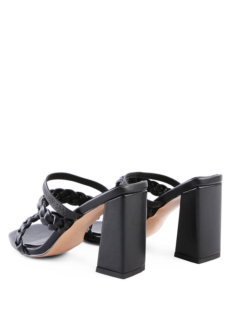 Arnie Braided Straps Block Heeled Sandals showcasing elasticated woven straps and a square-cut toe design.