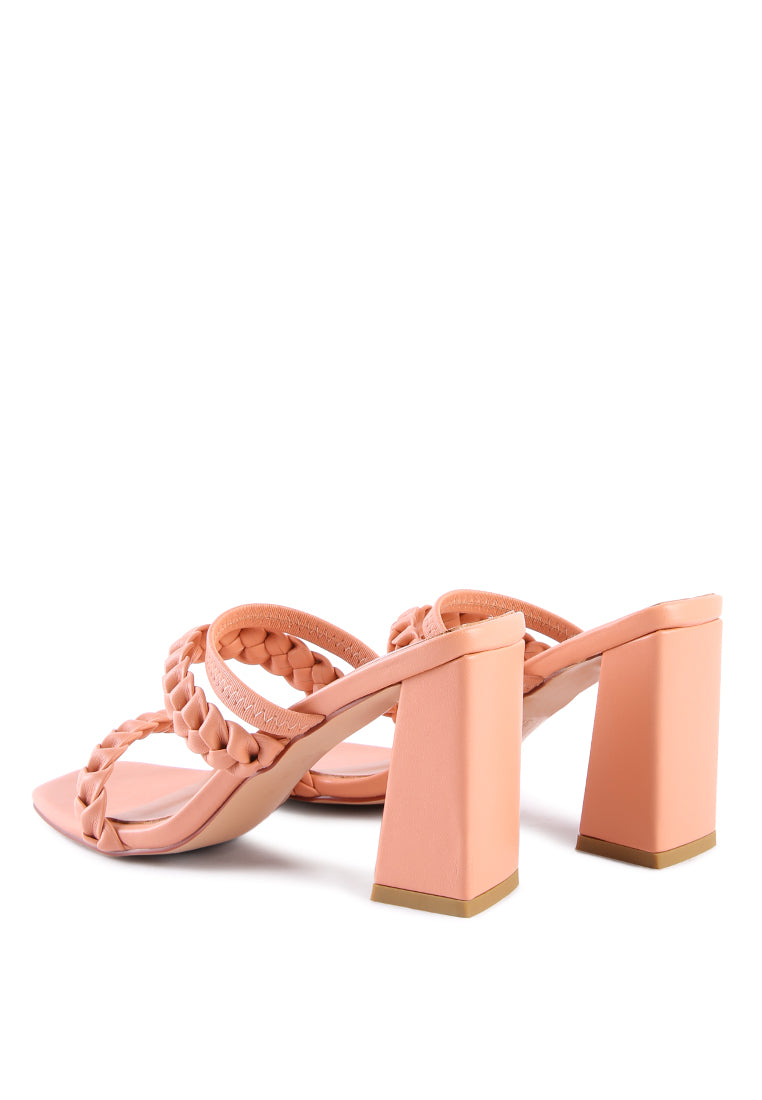 Arnie Braided Straps Block Heeled Sandals showcasing elasticated woven straps and a square-cut toe design.