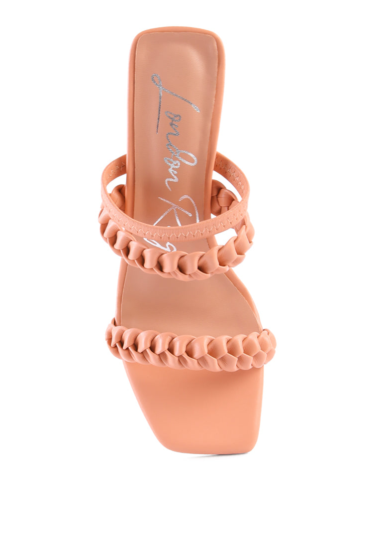 Arnie Braided Straps Block Heeled Sandals showcasing elasticated woven straps and a square-cut toe design.