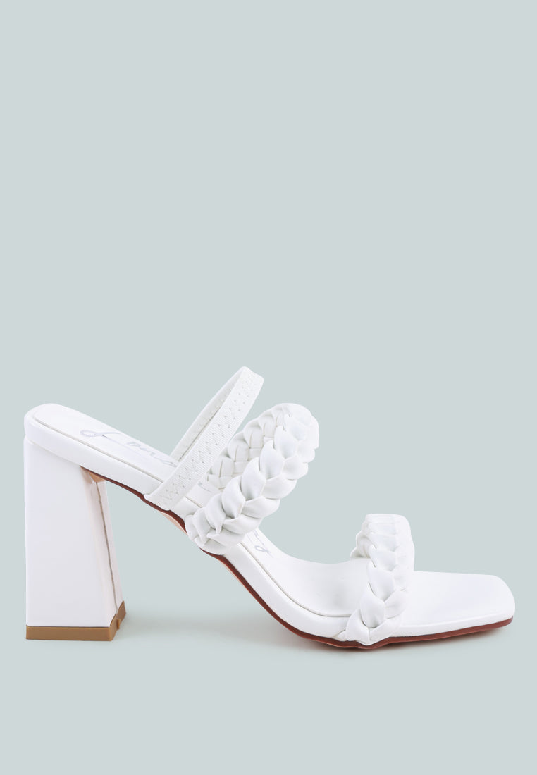 Arnie Braided Straps Block Heeled Sandals showcasing elasticated woven straps and a square-cut toe design.