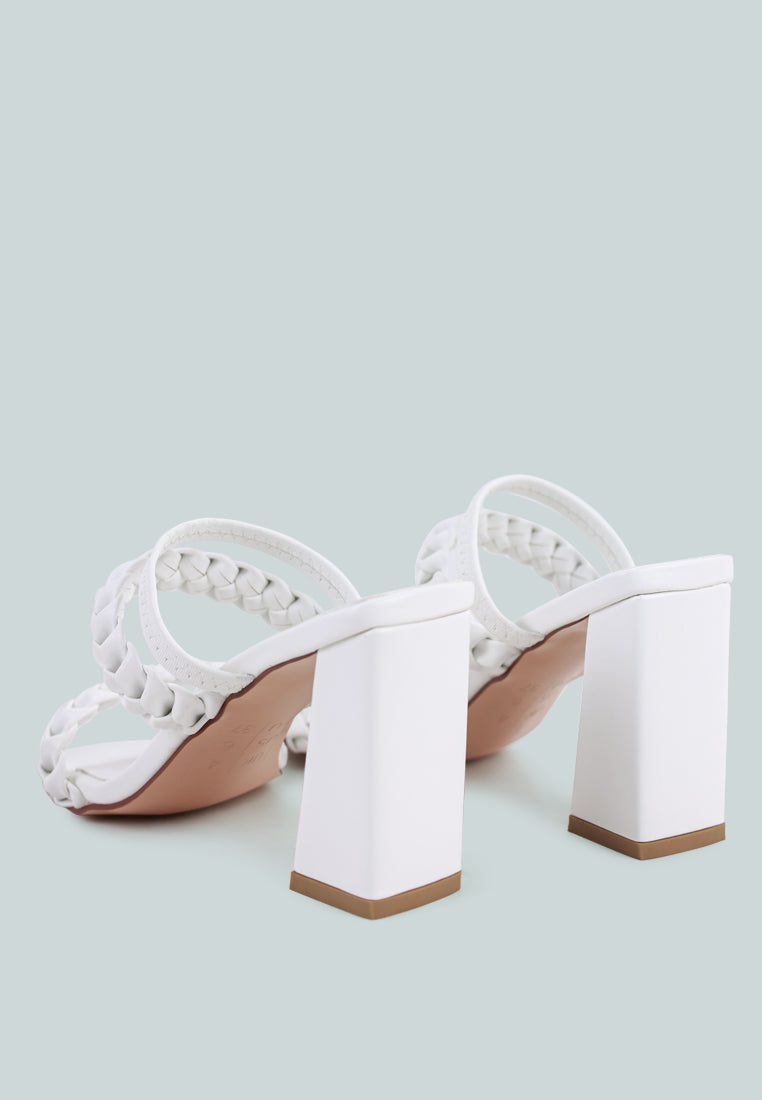 Arnie Braided Straps Block Heeled Sandals showcasing elasticated woven straps and a square-cut toe design.