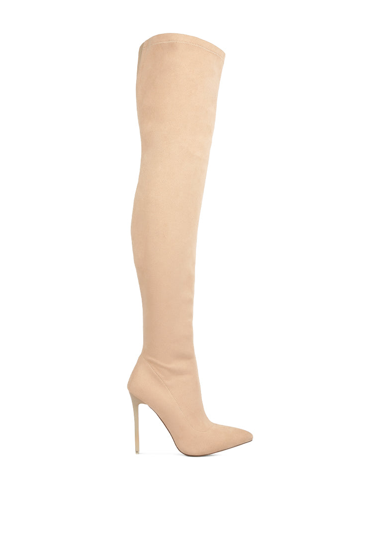 Atelier Stretch Faux Suede Stiletto Long Boots showcasing a sleek design with a pointed toe and stiletto heel, featuring a side zipper and elasticated gussets.