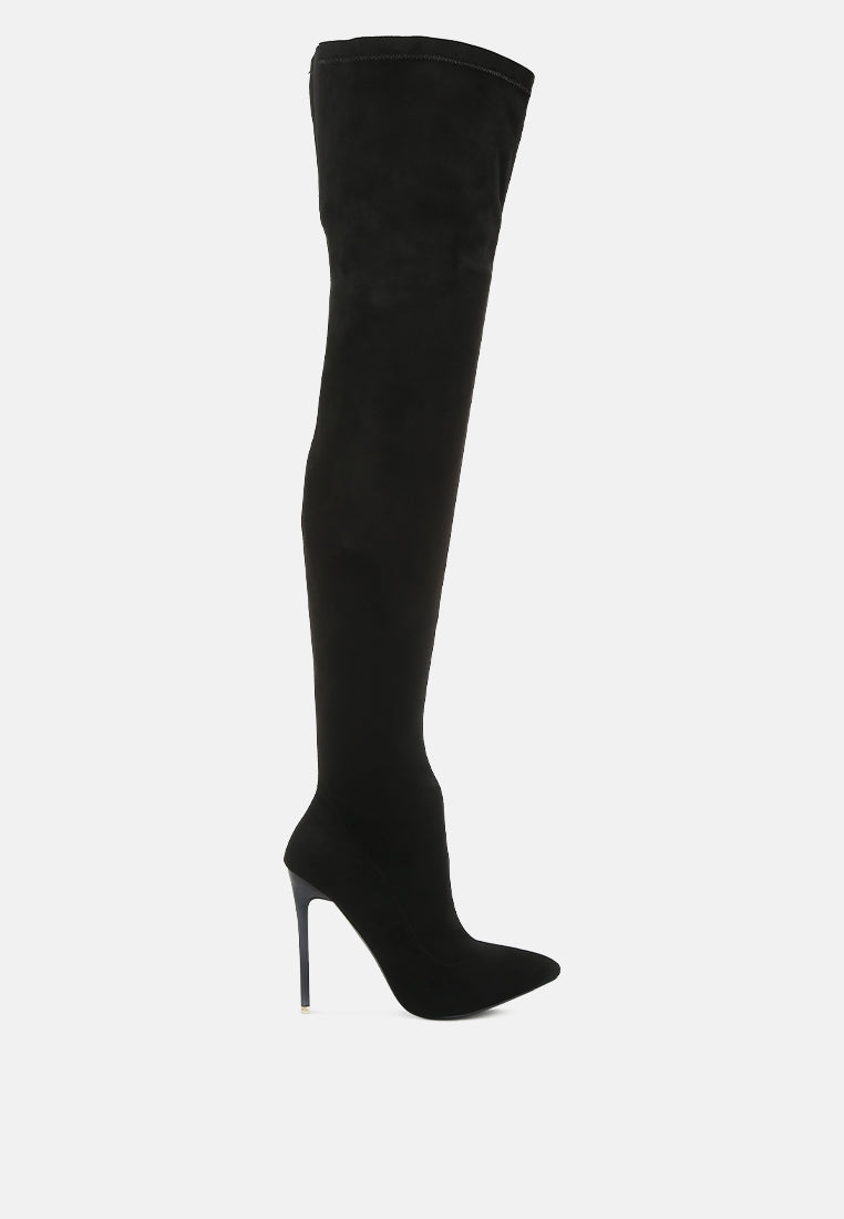 Atelier Stretch Faux Suede Stiletto Long Boots showcasing a sleek design with a pointed toe and stiletto heel, featuring a side zipper and elasticated gussets.