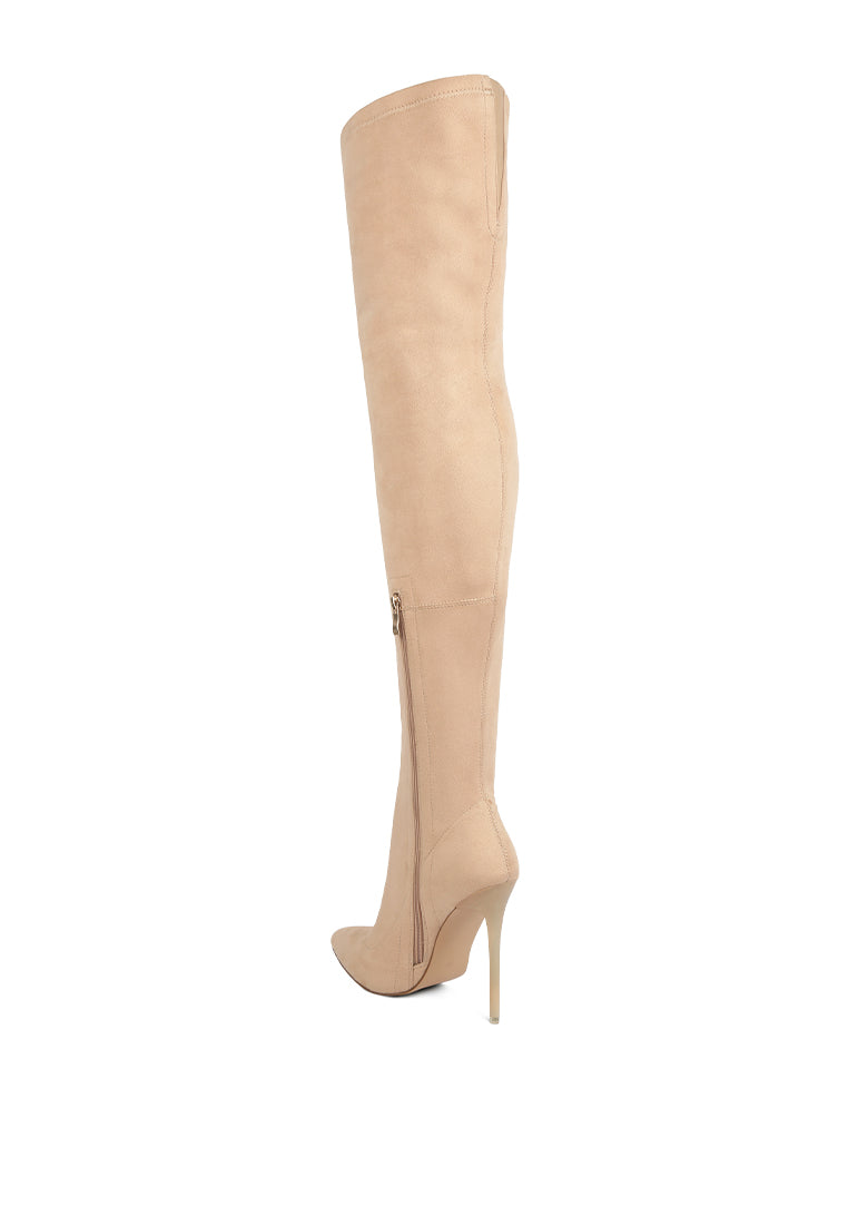 Atelier Stretch Faux Suede Stiletto Long Boots showcasing a sleek design with a pointed toe and stiletto heel, featuring a side zipper and elasticated gussets.