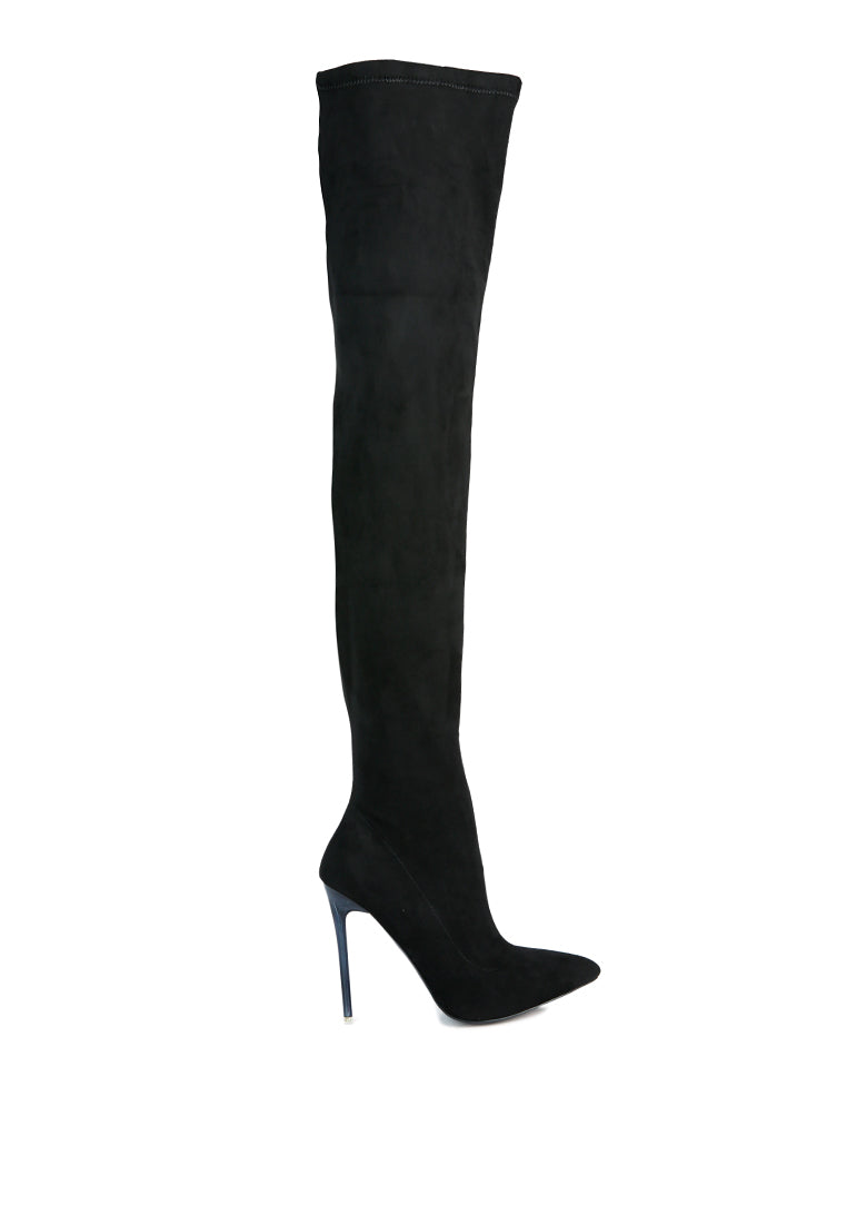 Atelier Stretch Faux Suede Stiletto Long Boots showcasing a sleek design with a pointed toe and stiletto heel, featuring a side zipper and elasticated gussets.