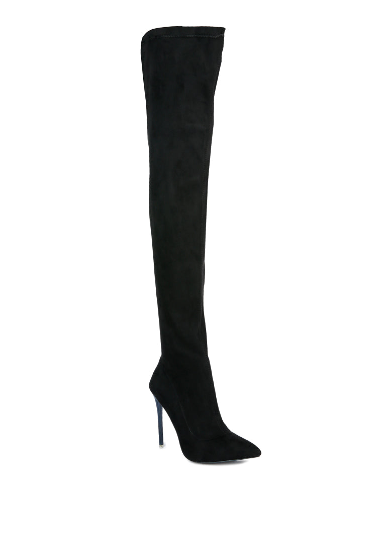 Atelier Stretch Faux Suede Stiletto Long Boots showcasing a sleek design with a pointed toe and stiletto heel, featuring a side zipper and elasticated gussets.