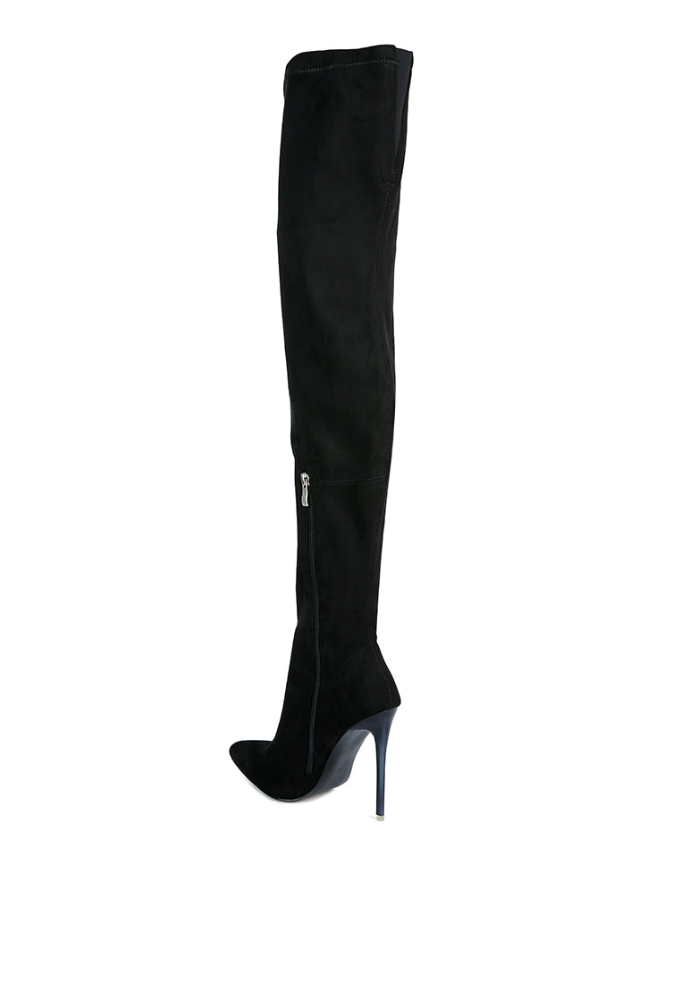 Atelier Stretch Faux Suede Stiletto Long Boots showcasing a sleek design with a pointed toe and stiletto heel, featuring a side zipper and elasticated gussets.