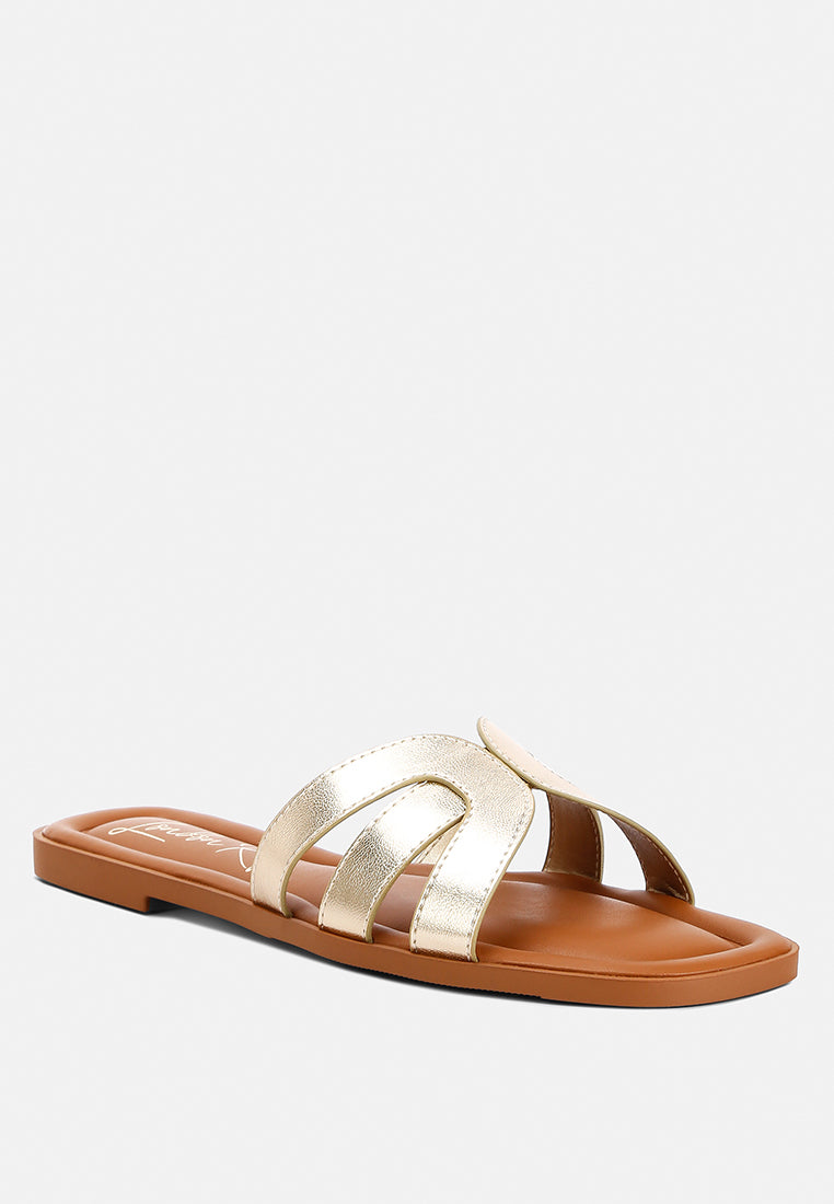 Aura Faux Leather Flat Sandals featuring intricate strap details and a stylish design, perfect for everyday wear.