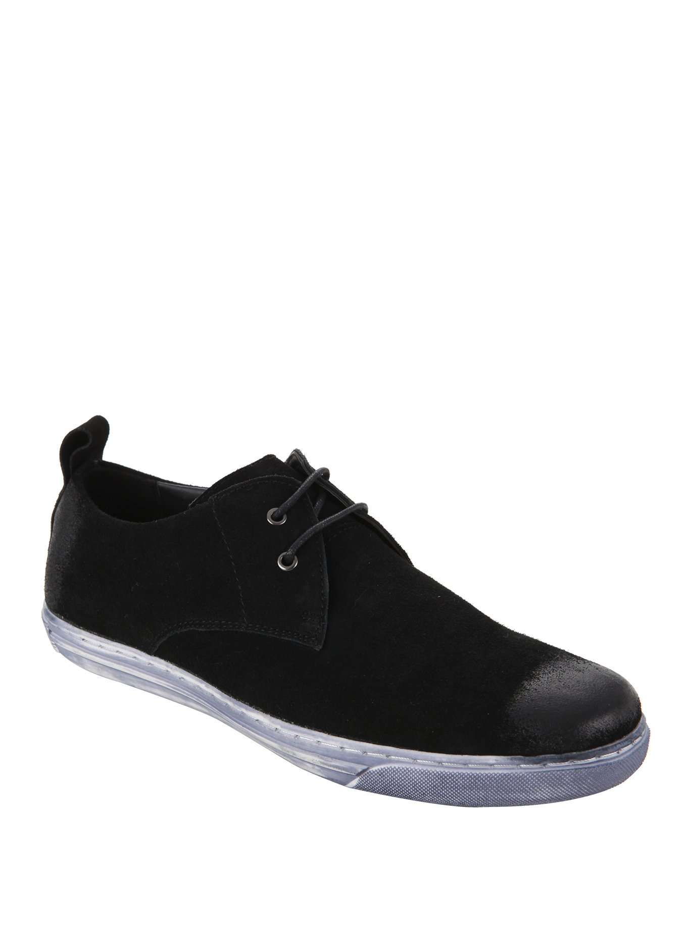 Black lace-up suede shoe.