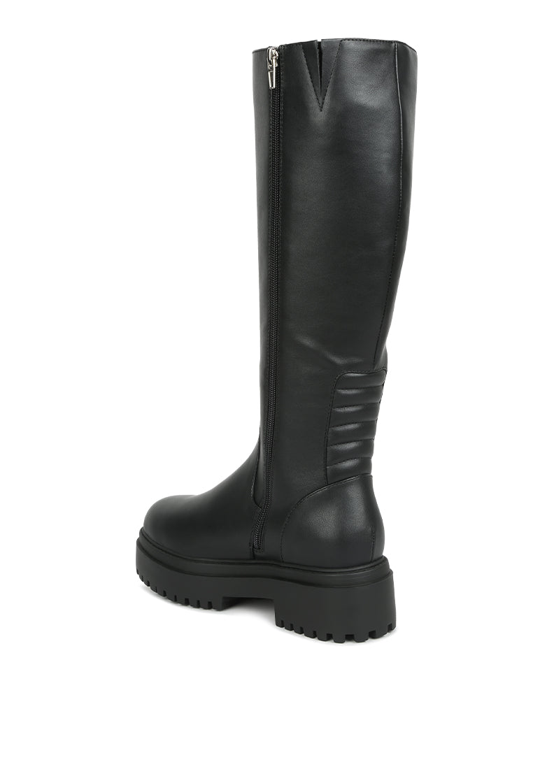 Stylish Axle Knee Boot featuring a chunky platform heel and elasticated gussets, crafted from durable faux leather in black.